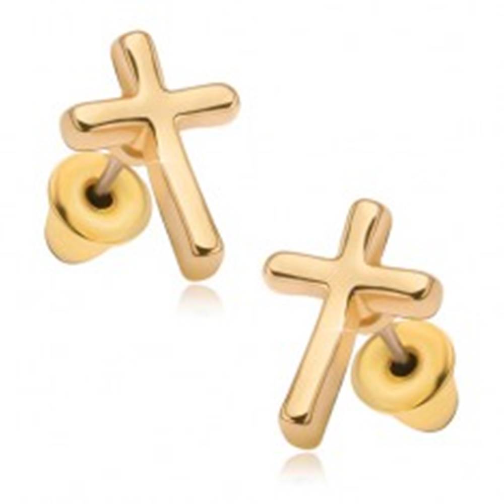 Šperky eshop Náušnice s lesklým povrchom v zlatej farbe, latinský kríž