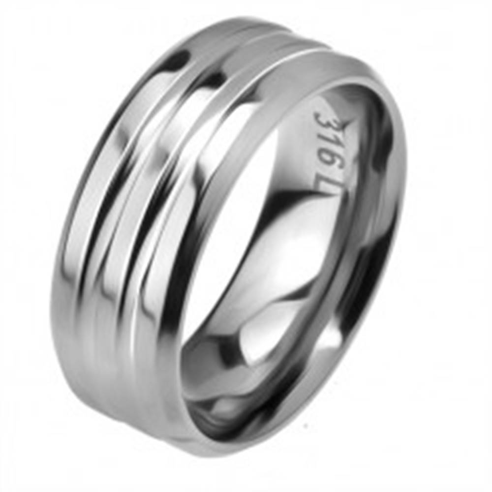 Šperky eshop Oceľový prsteň, dva žliabky, skosené okraje - Veľkosť: 57 mm