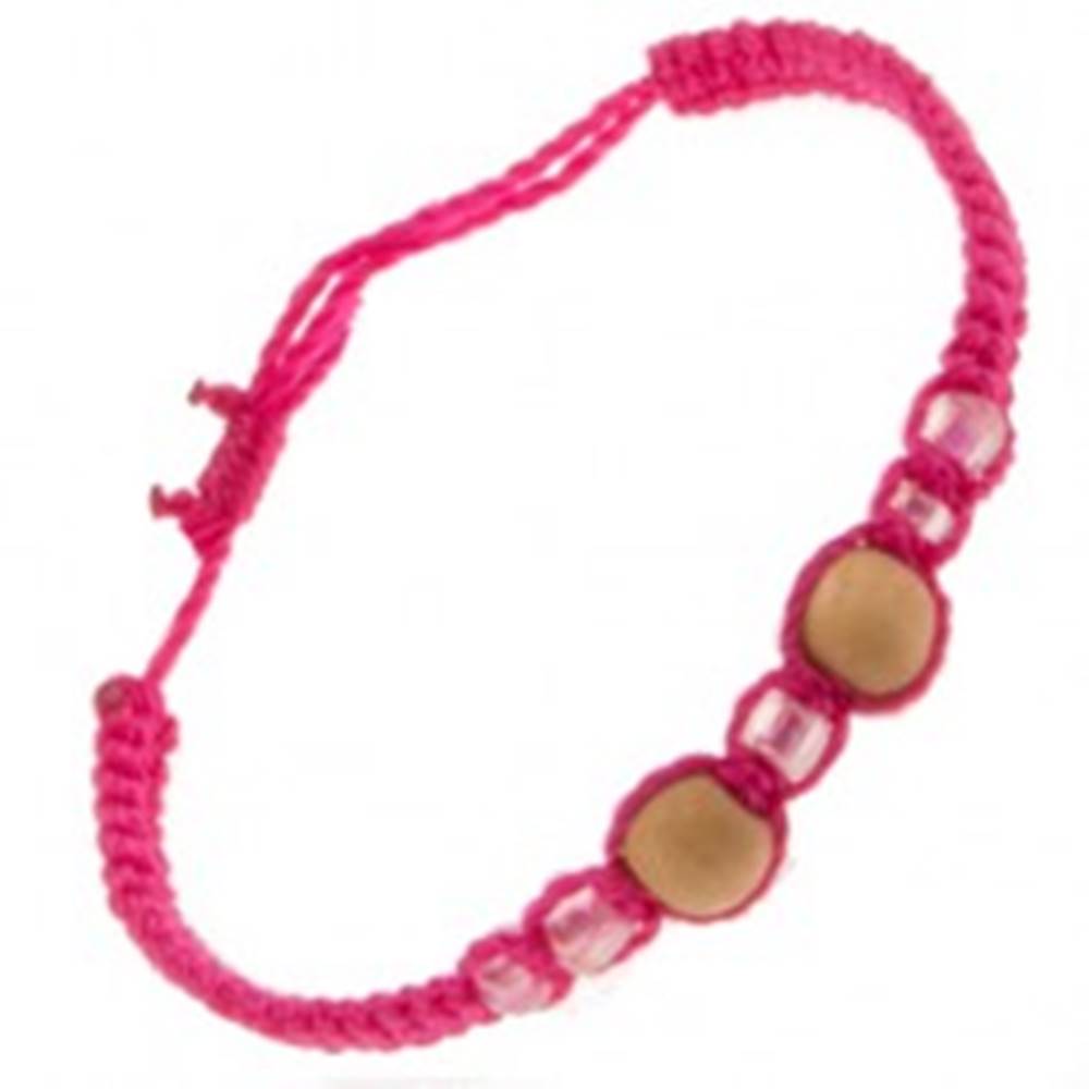 Šperky eshop Šnúrkový náramok ružovej farby, dve drevené guličky, sklenené korálky