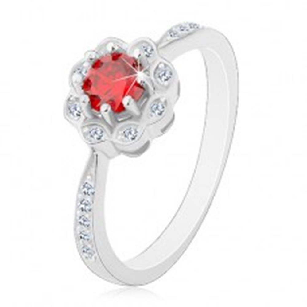 Šperky eshop Strieborný ródiovaný prsteň 925, ligotavý kvietok s červeno-oranžovým zirkónom - Veľkosť: 48 mm