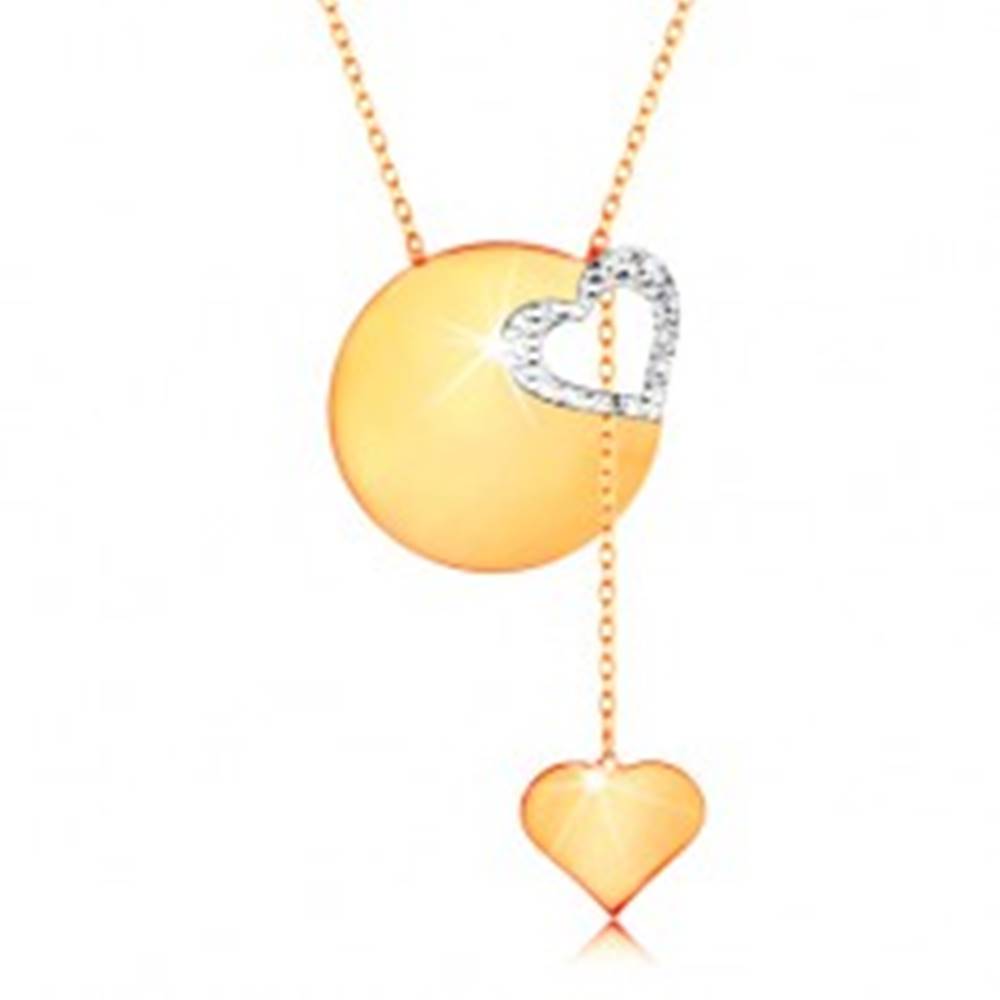 Šperky eshop Zlatý náhrdelník 585 - jemná retiazka, lesklý plochý kruh, kontúra srdca z bieleho zlata