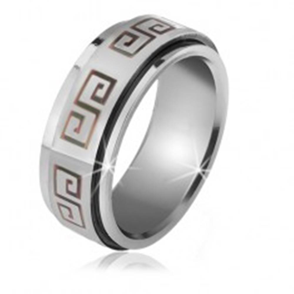 Šperky eshop Lesklý prsteň z ocele - matná točiaca sa obruč, sivý grécky kľúč - Veľkosť: 56 mm