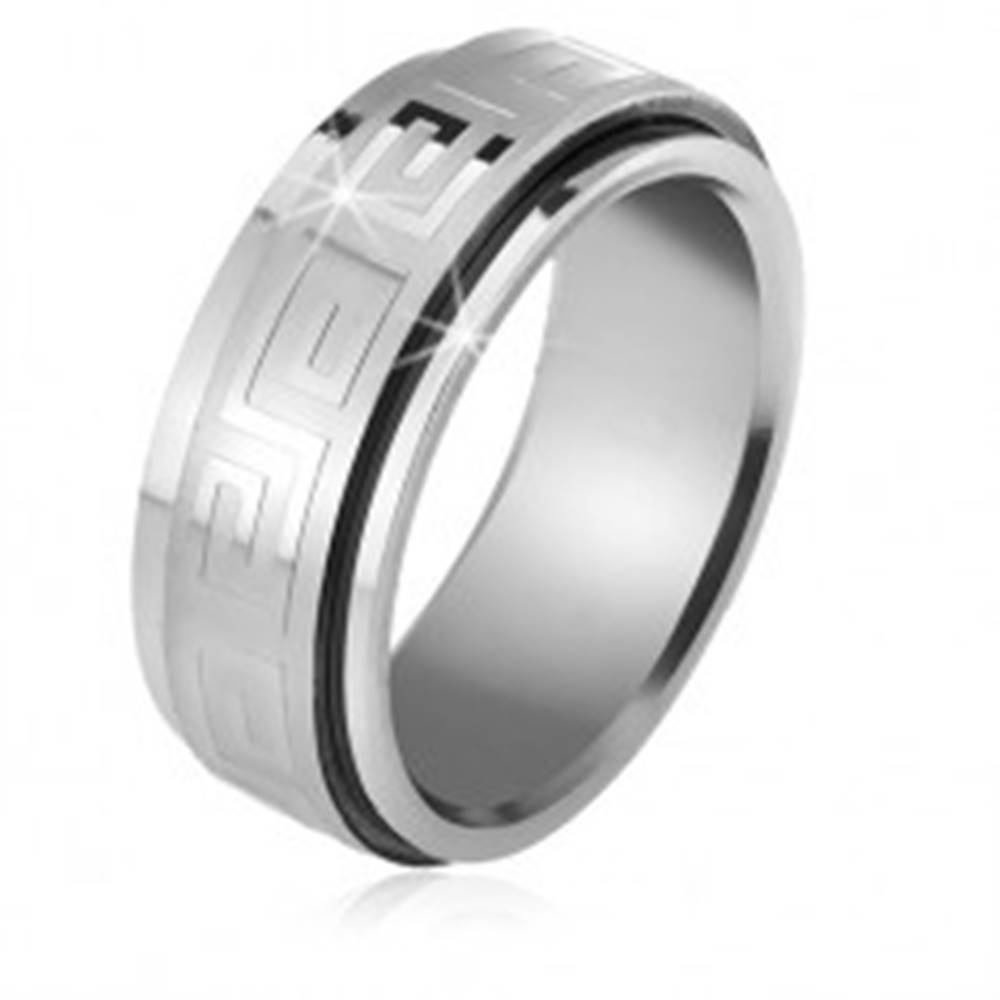 Šperky eshop Oceľový prsteň, točiaca sa matná obruč s lesklým gréckym kľúčom - Veľkosť: 56 mm