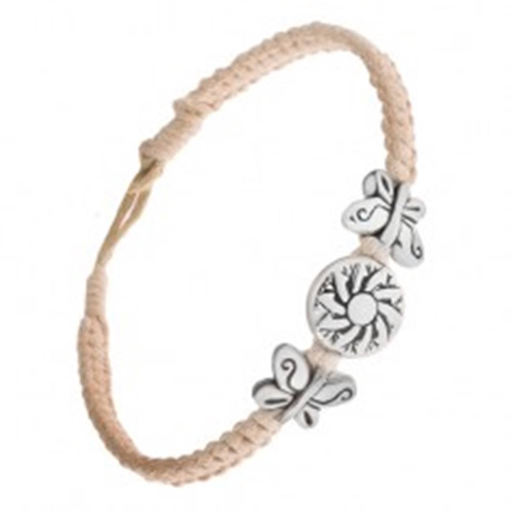 Šperky eshop Pletený béžový náramok zo šnúrok, kruhová známka s kvetom, motýle