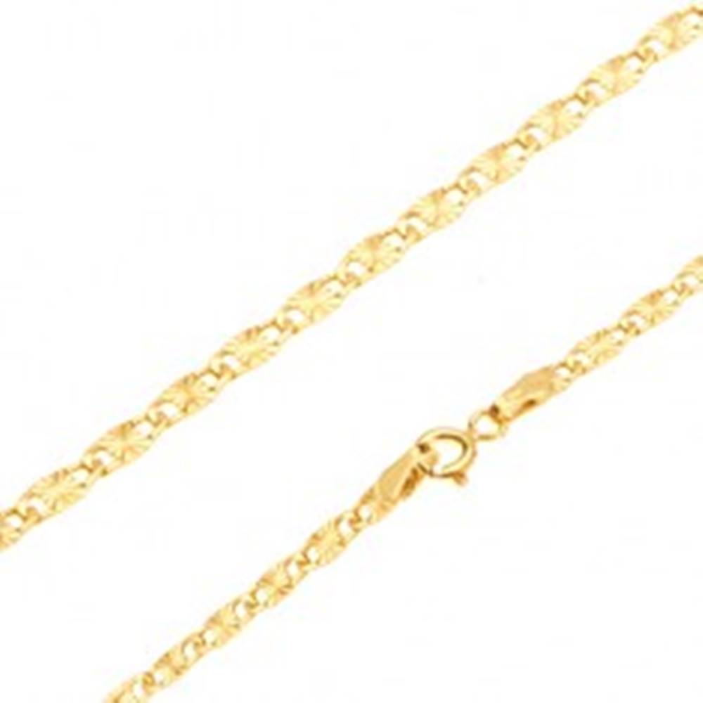 Šperky eshop Retiazka v žltom 14K zlate - ploché podlhovasté články, lúčovité ryhy, 445 mm