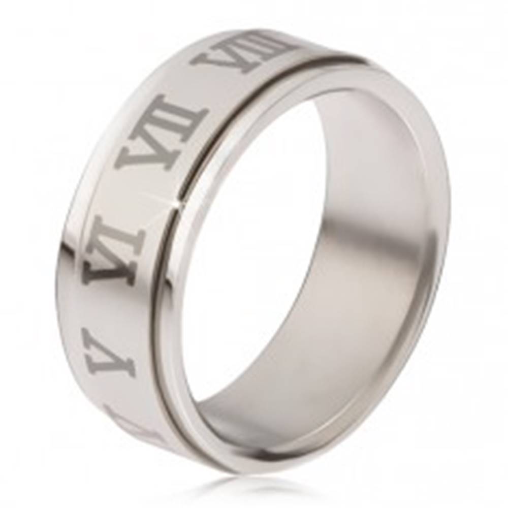 Šperky eshop Lesklý prsteň z ocele - matná točiaca sa obruč, sivé rímske číslice - Veľkosť: 57 mm