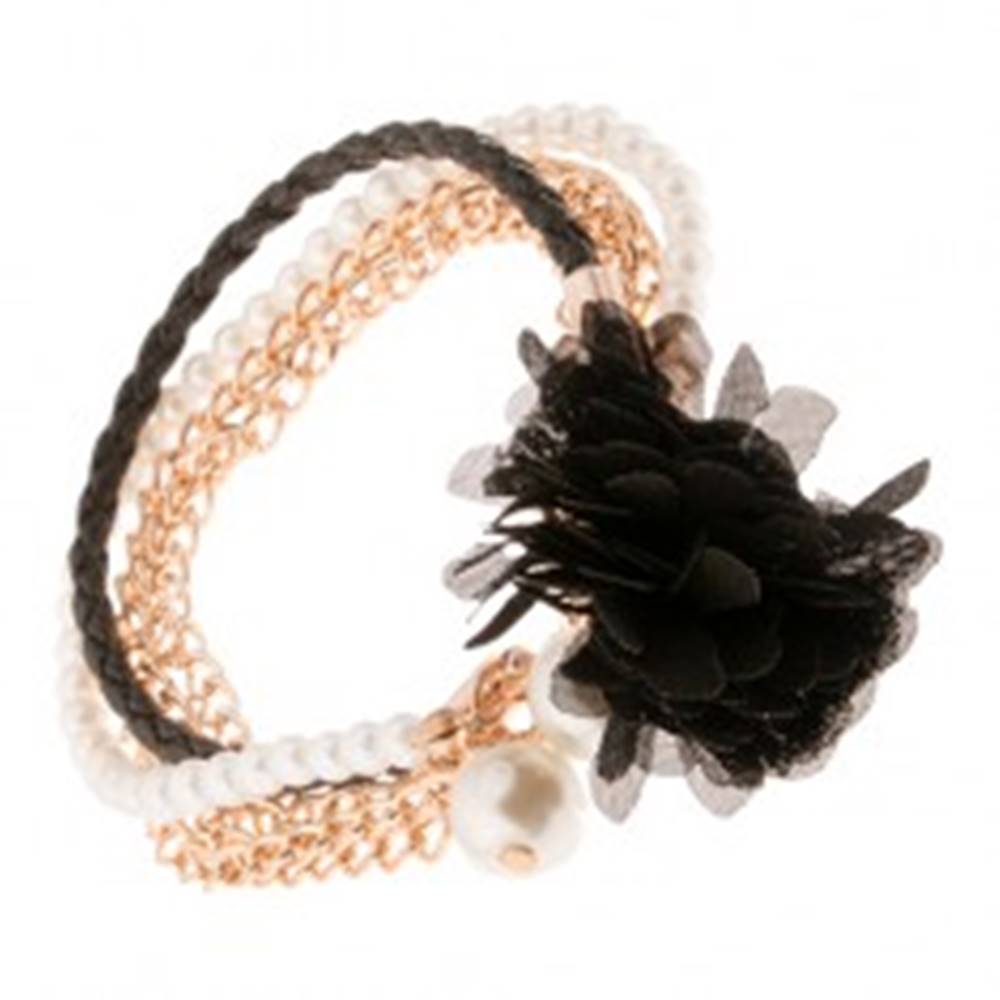 Šperky eshop Multináramok - čierny pletenec, retiazky zlatej farby, korálky, čierny kvet