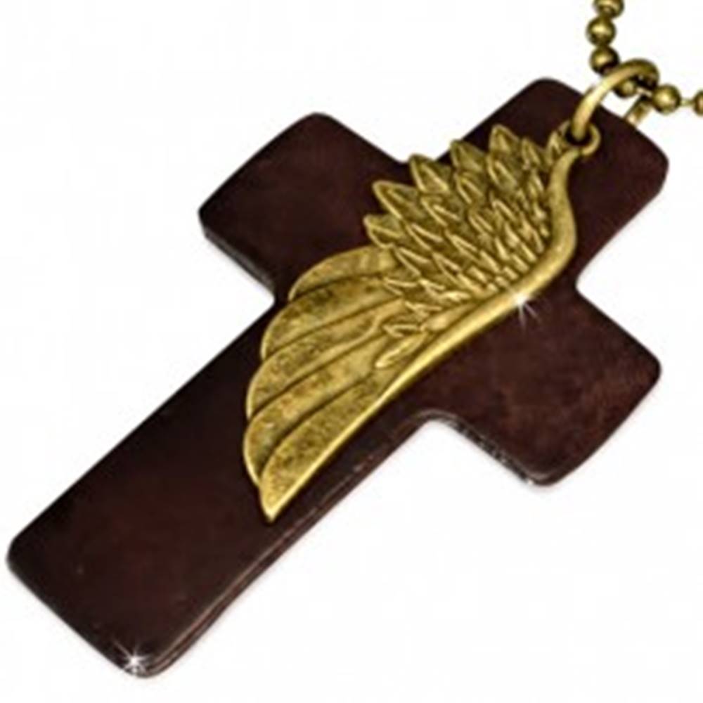 Šperky eshop Náhrdelník - hnedý kožený kríž, krídlo, armádna retiazka