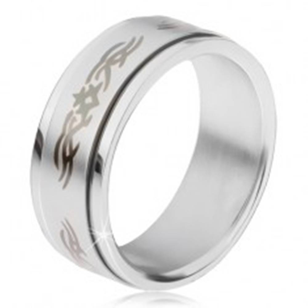 Šperky eshop Oceľový prsteň, matná točiaca sa obruč s ornamentom - Veľkosť: 57 mm