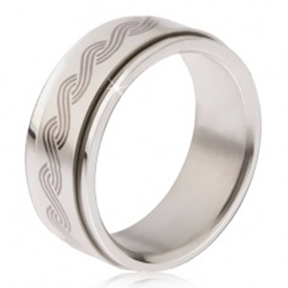 Šperky eshop Oceľový prsteň - točiaca sa matná obruč, potlač gréckeho pletenca - Veľkosť: 57 mm