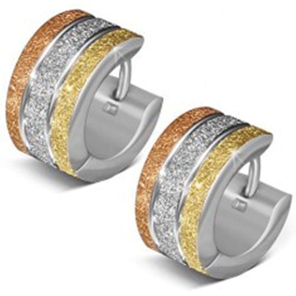 Šperky eshop Pieskované okrúhle náušnice z ocele, tri farebné pásy