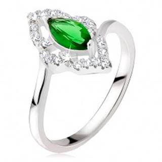 Strieborný prsteň 925 - elipsovitý kamienok zelenej farby, zirkónová kontúra - Veľkosť: 48 mm