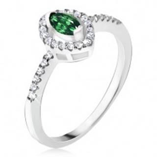 Strieborný prsteň 925 - elipsovitý zelený kamienok, zirkónová kontúra - Veľkosť: 48 mm