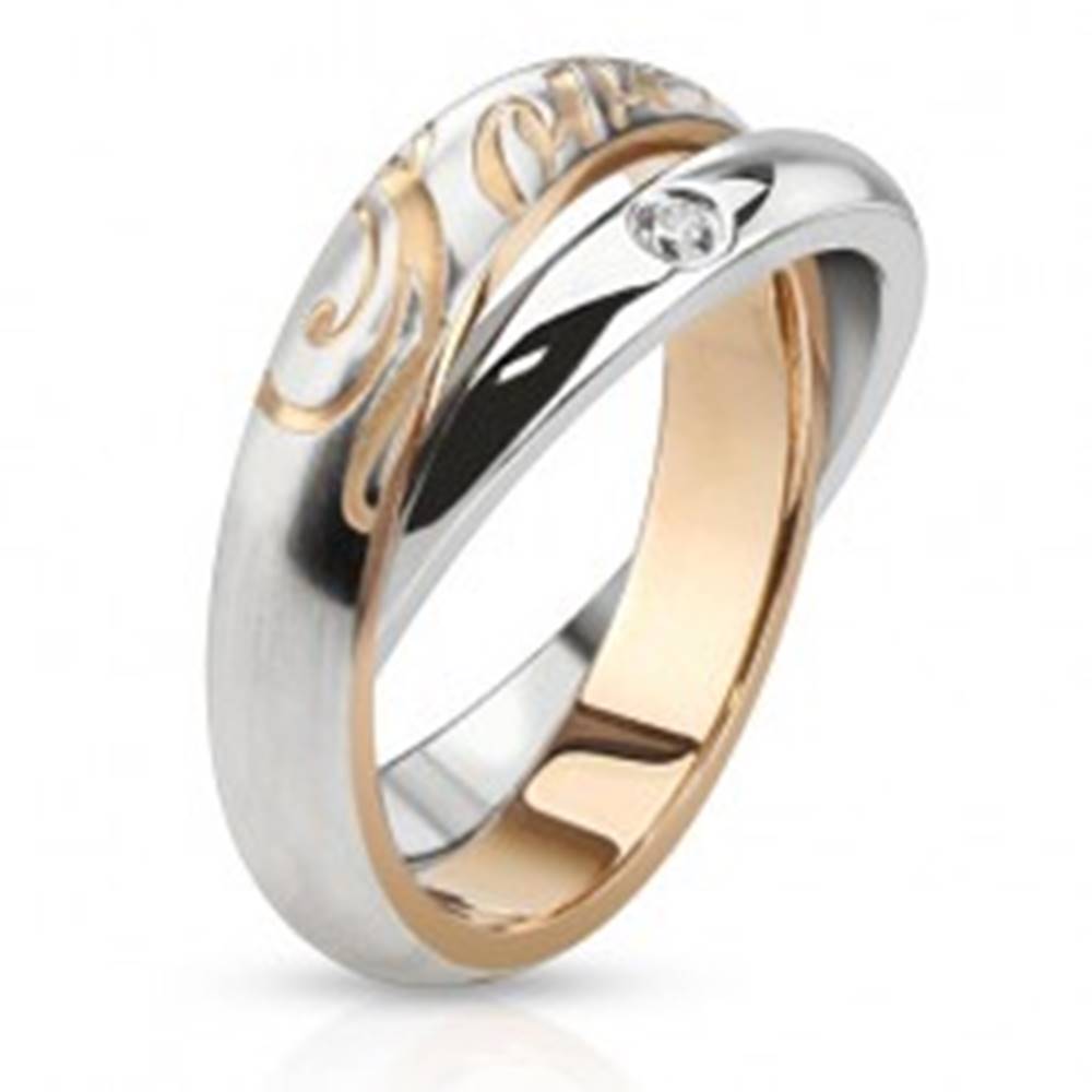 Šperky eshop Dvojitý oceľový prsteň - obrúčky striebornej farby, zirkón, nápis Love - Veľkosť: 48 mm