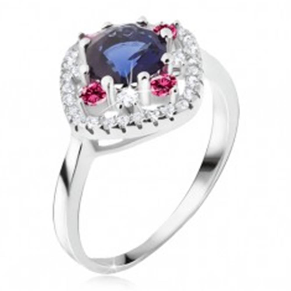 Šperky eshop Prsteň zo striebra 925, modrý okrúhly zirkón, číre a ružové kamienky - Veľkosť: 48 mm