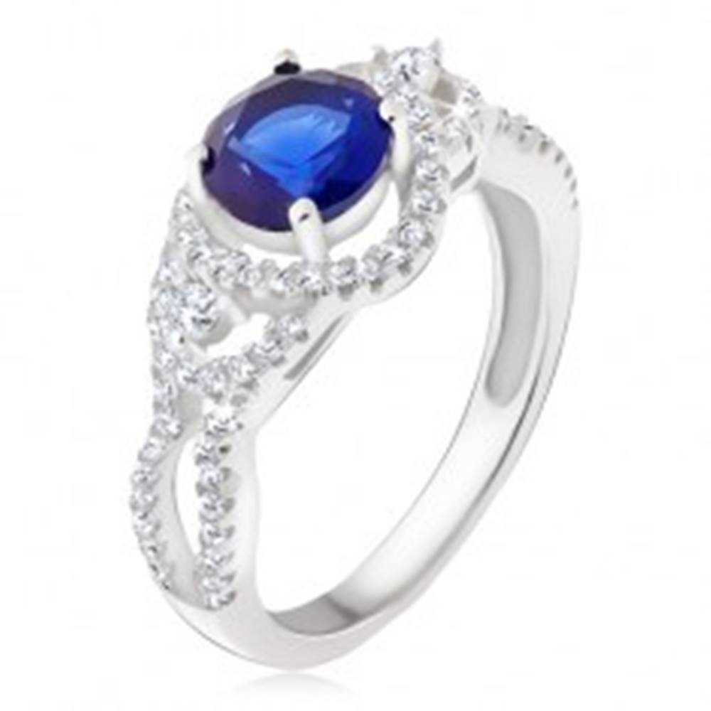 Šperky eshop Strieborný prsteň 925, tmavomodrý kameň, oblé zirkónové línie - Veľkosť: 50 mm