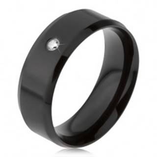 Čierny oceľový prsteň, číry kamienok, skosené okraje - Veľkosť: 56 mm