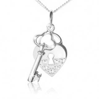 Náhrdelník striebro 925, retiazka, srdcová zámka a kľúč, číre kamienky