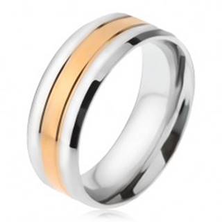 Oceľový prsteň, pásy striebornej a zlatej farby, zošikmené okraje - Veľkosť: 56 mm