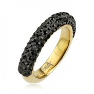 Oceľový prsteň zlatej farby zdobený čiernymi zirkónmi - Veľkosť: 49 mm