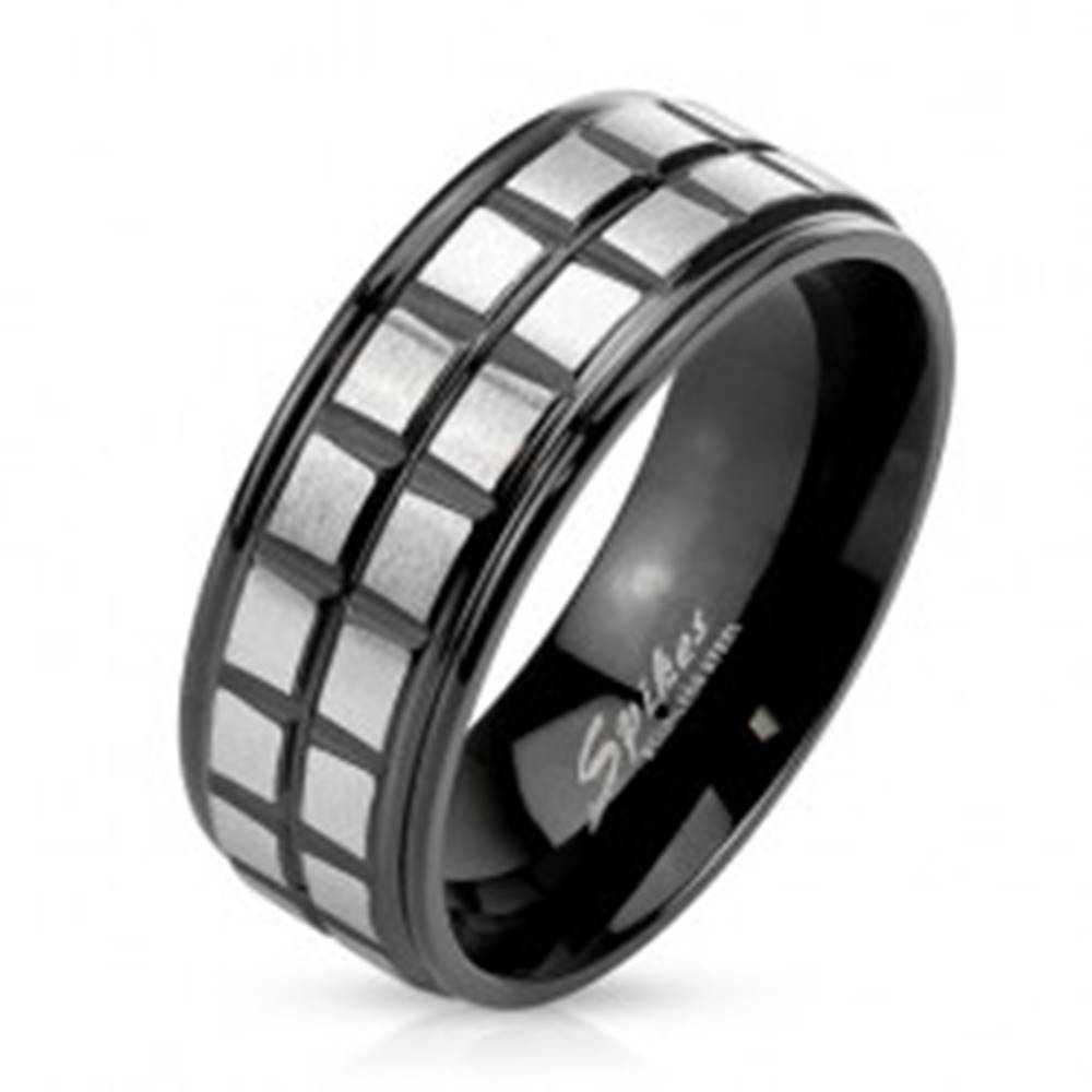 Šperky eshop Čierny oceľový prsteň, dve línie z matných štvorcov striebornej farby - Veľkosť: 60 mm