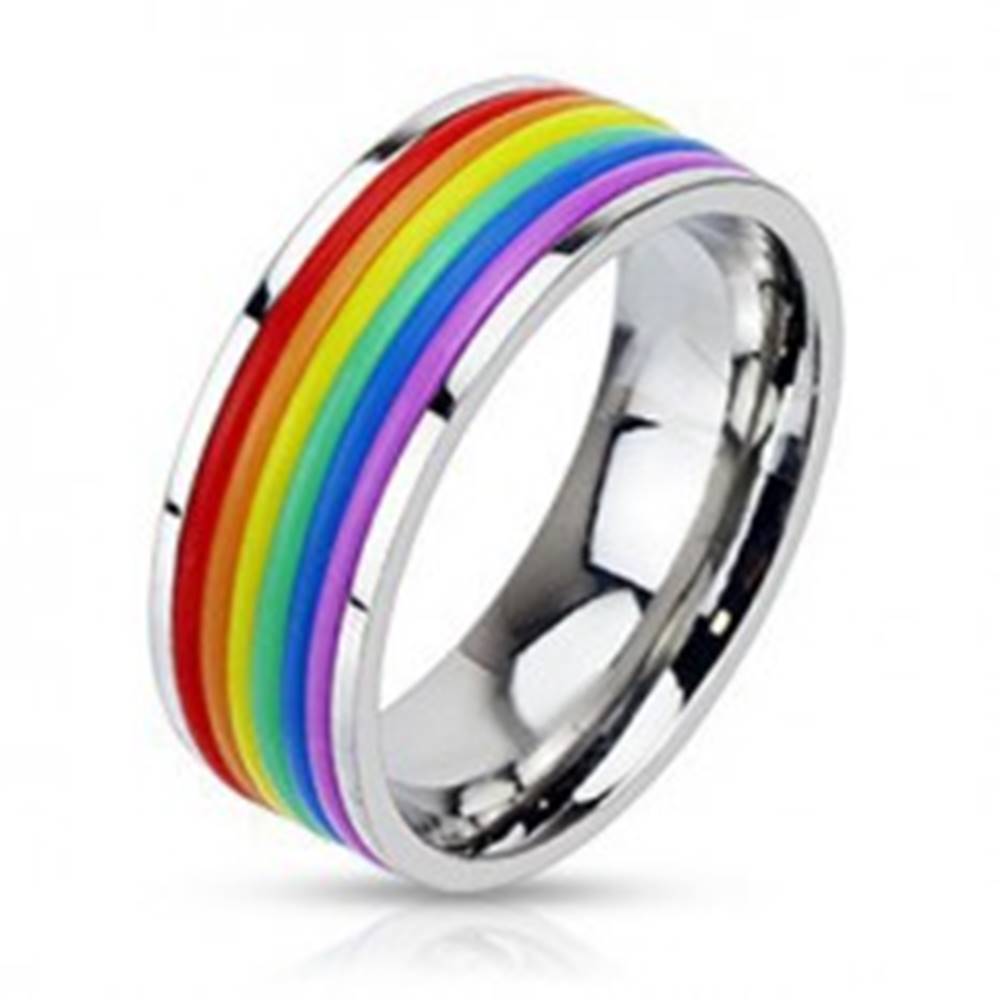 Šperky eshop Lesklý oceľový prsteň s gumenými pásikmi vo farbách dúhy - Veľkosť: 49 mm