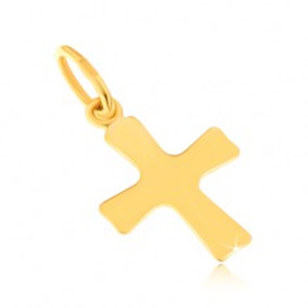Šperky eshop Lesklý prívesok zo žltého 14K zlata - plochý malý kríž, mierne sa rozširujúce ramená