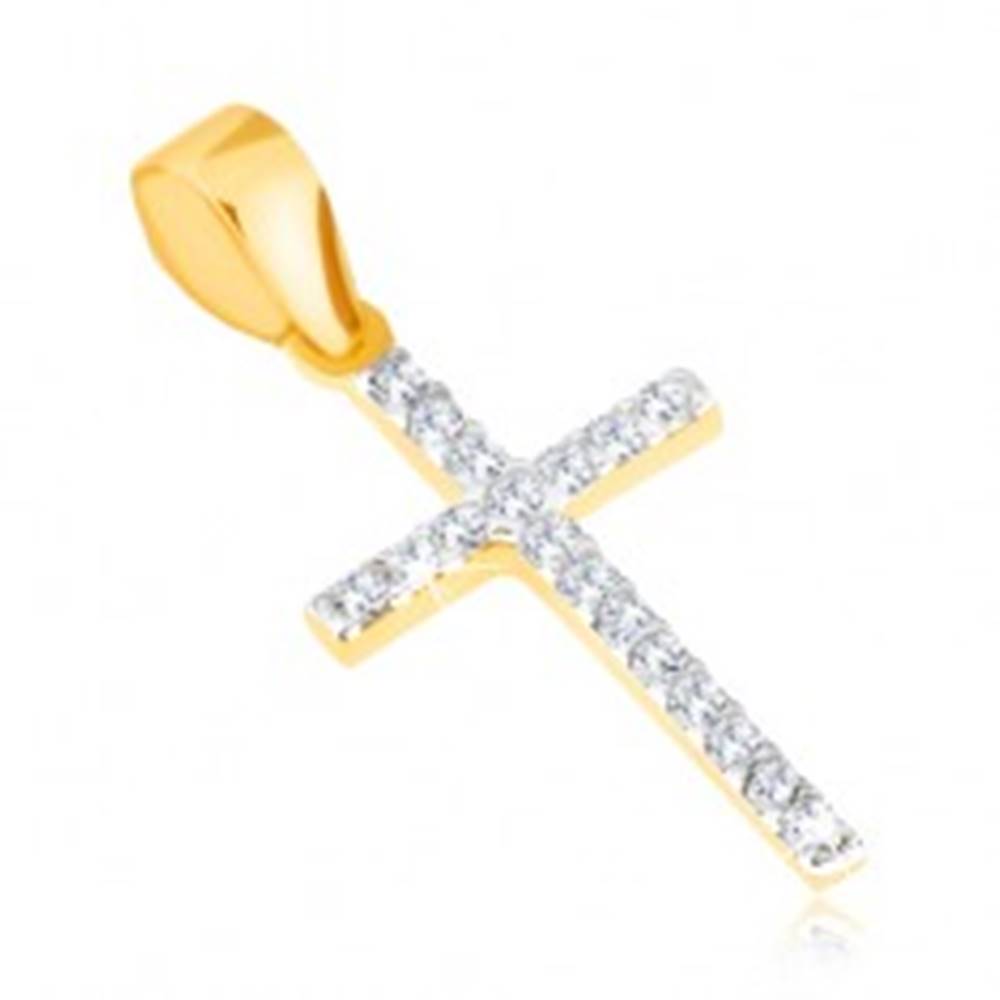 Šperky eshop Prívesok v žltom 14K zlate - tenký trblietavý latinský kríž, číre zirkóny