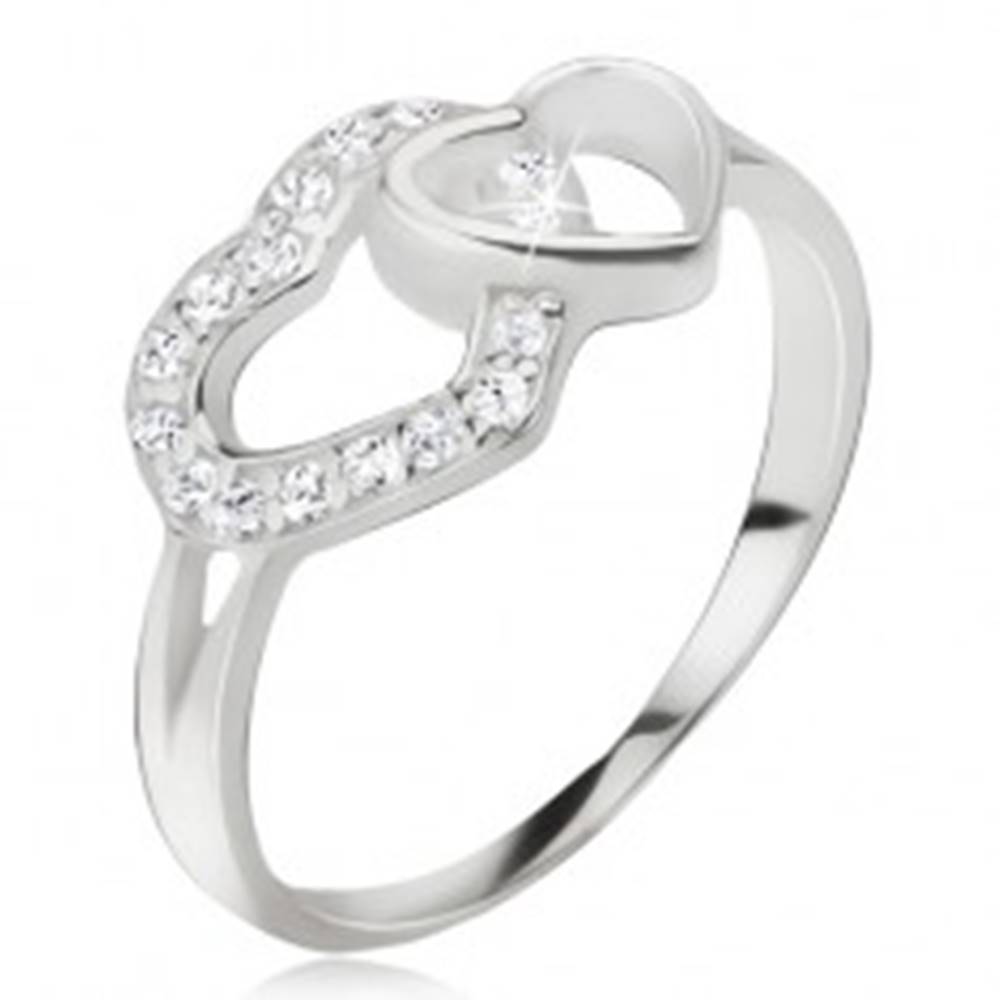Šperky eshop Srdiečkový prsteň, zirkónová a hladká kontúra srdca, striebro 925 - Veľkosť: 49 mm