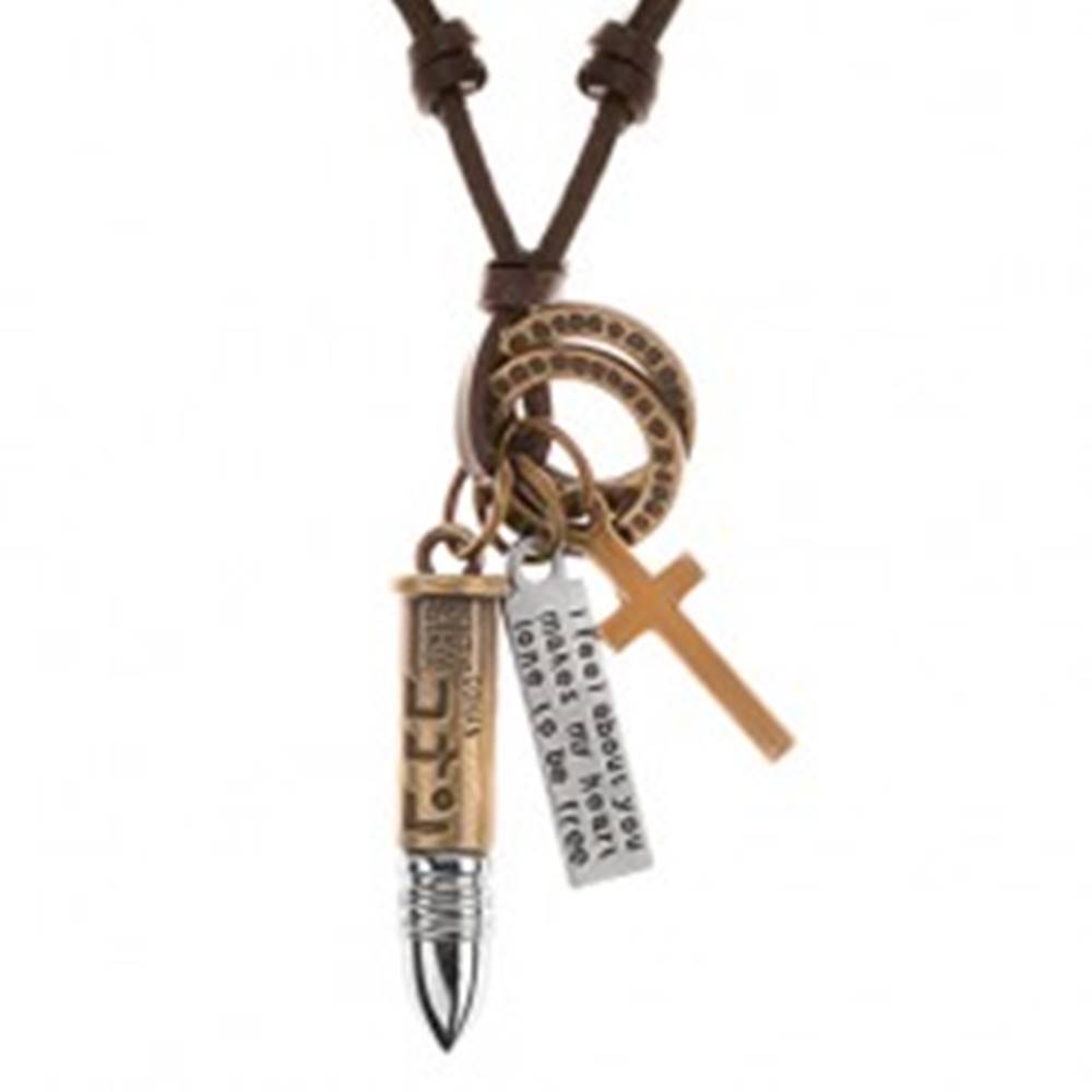 Šperky eshop Kožený náhrdelník hnedej farby, prívesky - nábojnica, kríž, známka a obruče