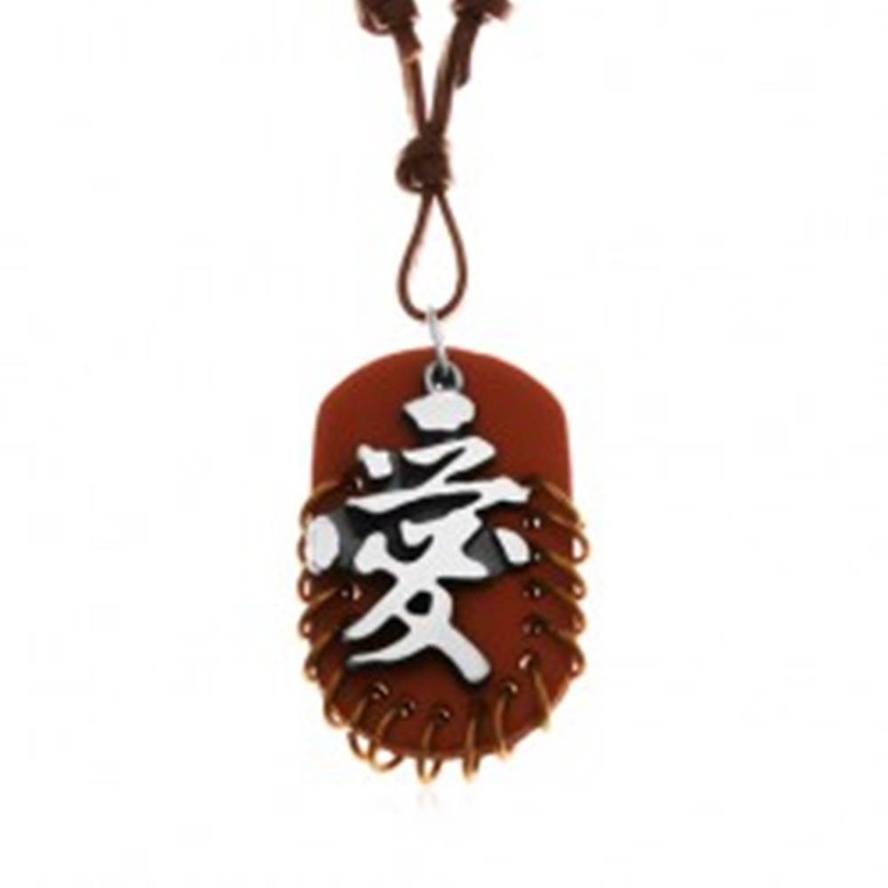 Šperky eshop Kožený náhrdelník, prívesky - hnedý ovál s krúžkami a sivo-čierny čínsky znak
