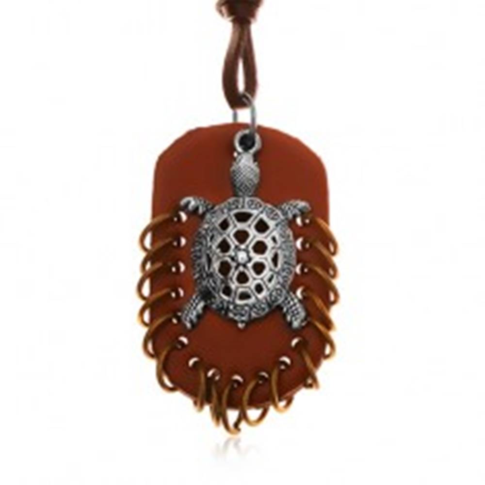 Šperky eshop Náhrdelník z umelej kože, prívesky - hnedý ovál s krúžkami a korytnačka