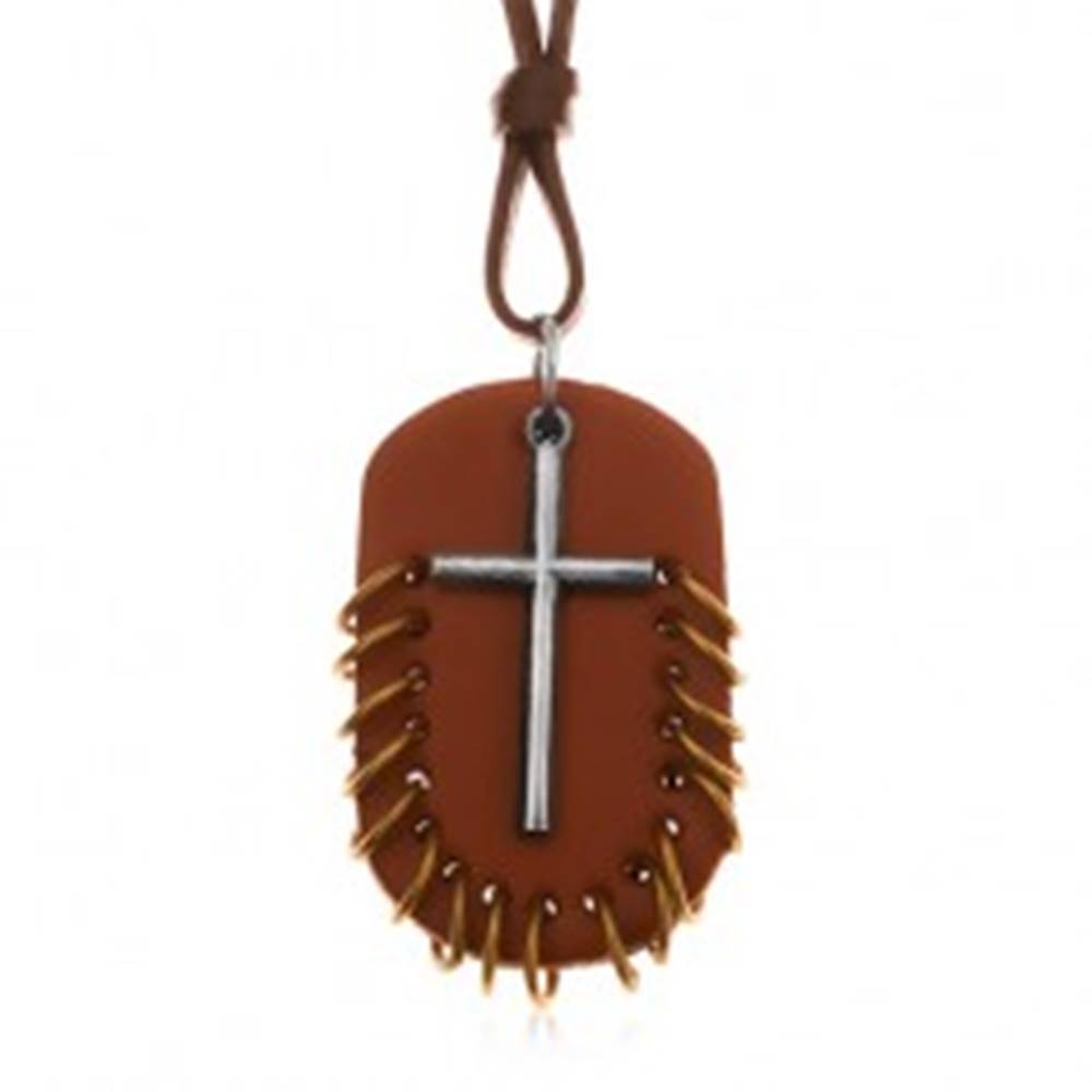 Šperky eshop Náhrdelník zo syntetickej kože, prívesky - ovál hnedej farby s krúžkami a kríž