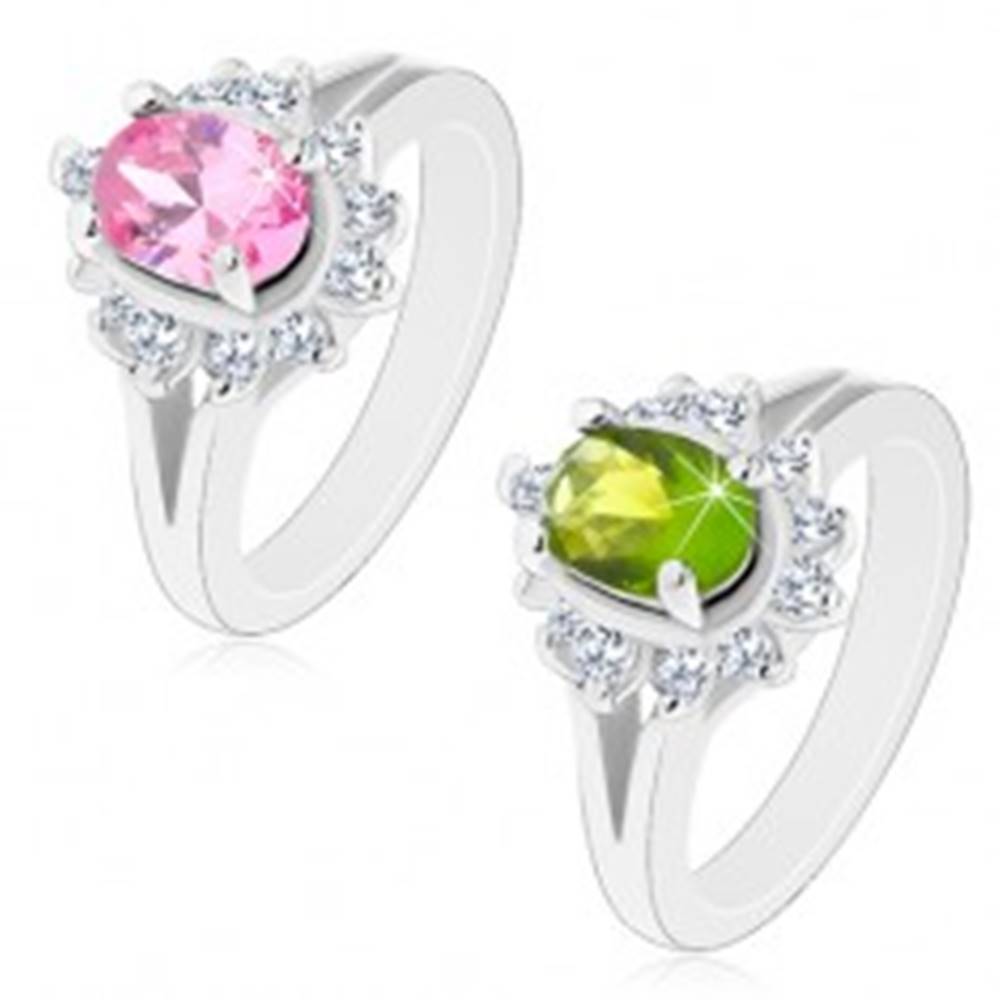 Šperky eshop Prsteň striebornej farby, rozdelené ramená, žiarivý kvietok s oválnym stredom - Veľkosť: 49 mm, Farba: Zelená