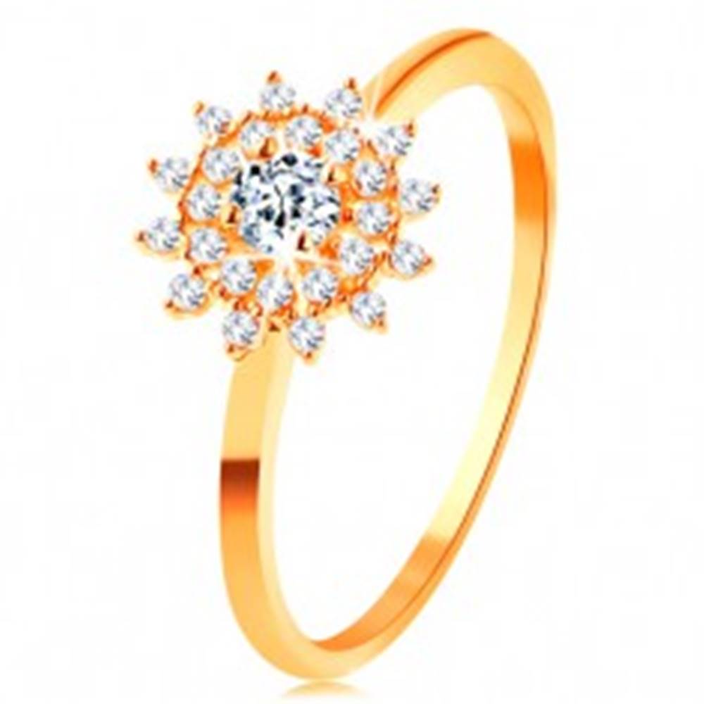 Šperky eshop Prsteň zo žltého 14K zlata - číre zirkónové slnko, lesklé tenké ramená - Veľkosť: 50 mm