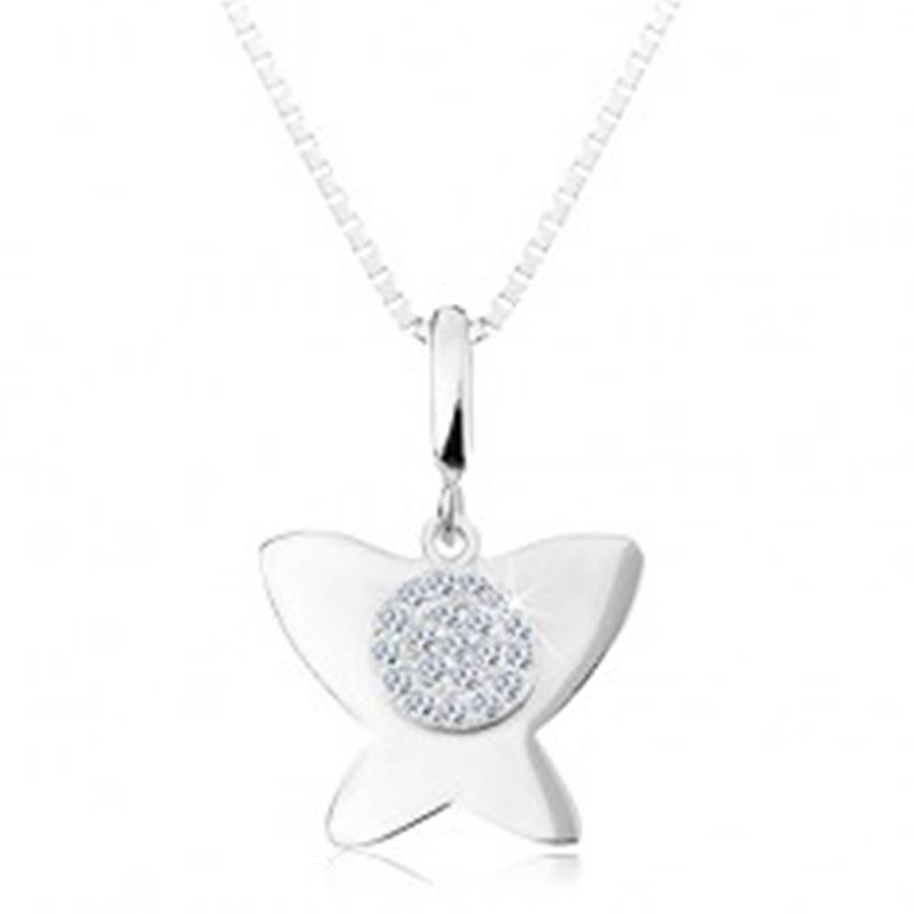 Šperky eshop Strieborný 925 náhrdelník - lesklý plochý motýľ, malý kruh s čírymi zirkónmi