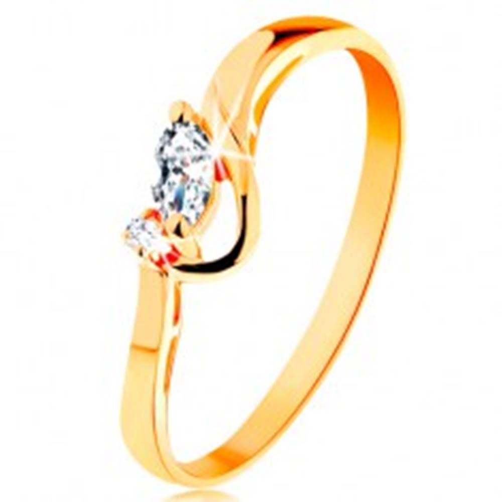 Šperky eshop Zlatý prsteň 585 - číre brúsené zrnko a okrúhly zirkónik, lesklý oblúk - Veľkosť: 49 mm