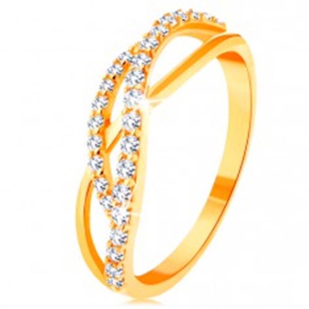 Šperky eshop Zlatý prsteň 585 - prepletené vlnky - jedna hladká a dve zirkónové - Veľkosť: 49 mm