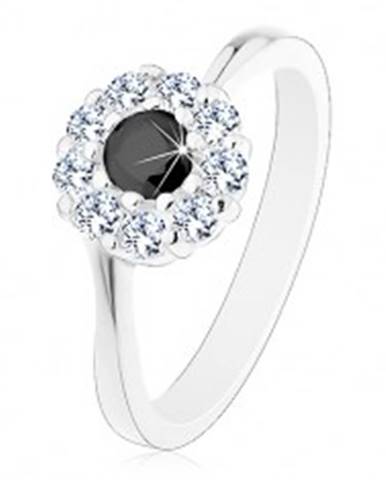 Lesklý prsteň v striebornom odtieni, zirkónový kvietok s čiernym stredom - Veľkosť: 51 mm