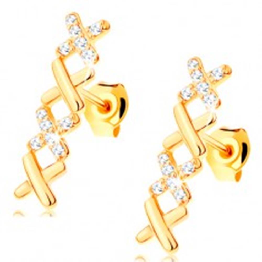 Šperky eshop Náušnice v žltom 14K zlate - dva hladké a dva zirkónové krížiky