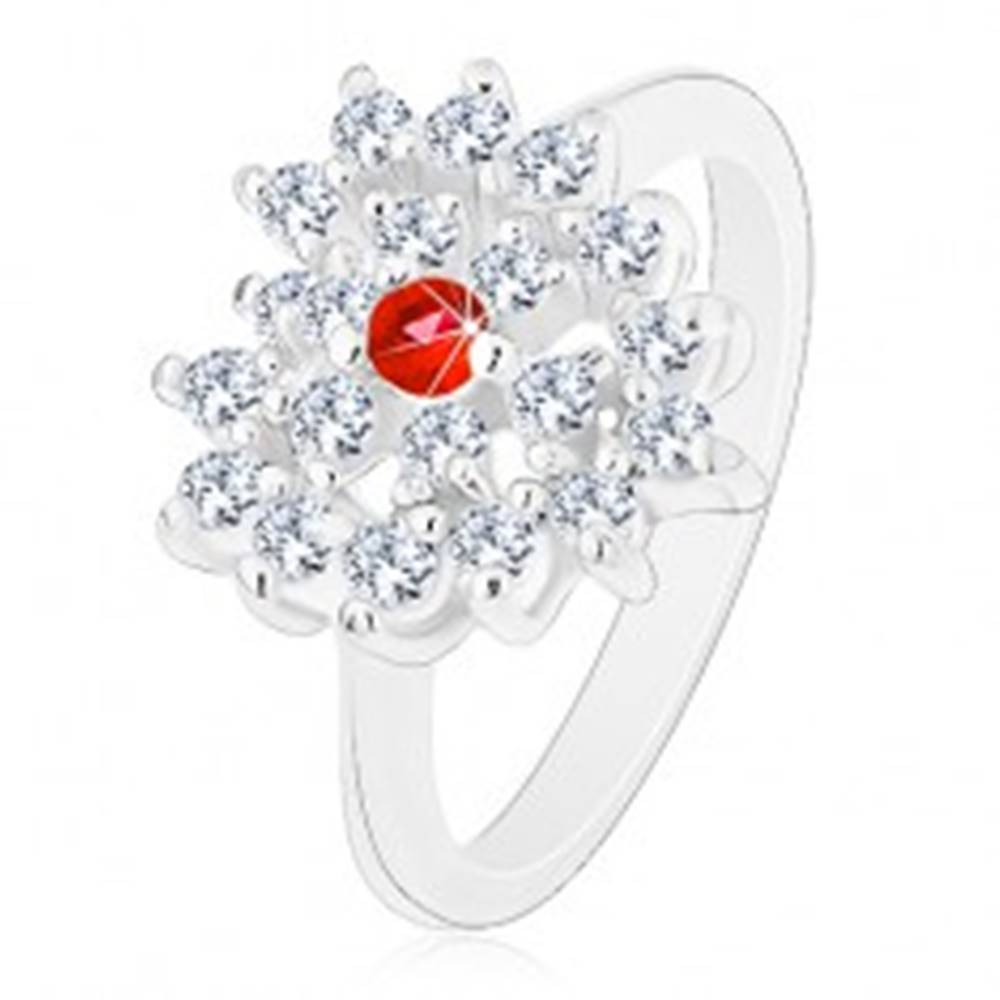 Šperky eshop Prsteň v striebornom odtieni, číre zirkónové srdce s červeným stredom - Veľkosť: 52 mm