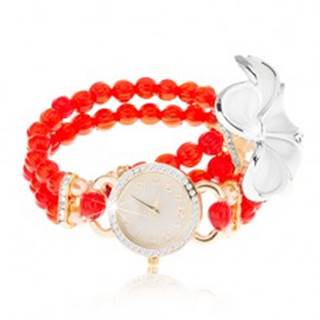 Analógové hodinky, korálkový červený náramok, ciferník so zirkónmi, biely kvet