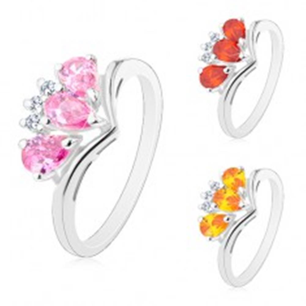Šperky eshop Ligotavý prsteň so zahnutými ramenami, tri farebné zirkónové slzičky - Veľkosť: 52 mm, Farba: Svetlooranžová