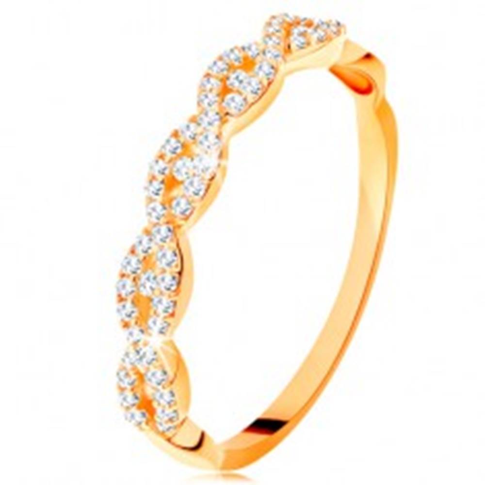 Šperky eshop Ligotavý prsteň zo žltého 14K zlata - rozdelené prepletené ramená, zirkóny - Veľkosť: 49 mm