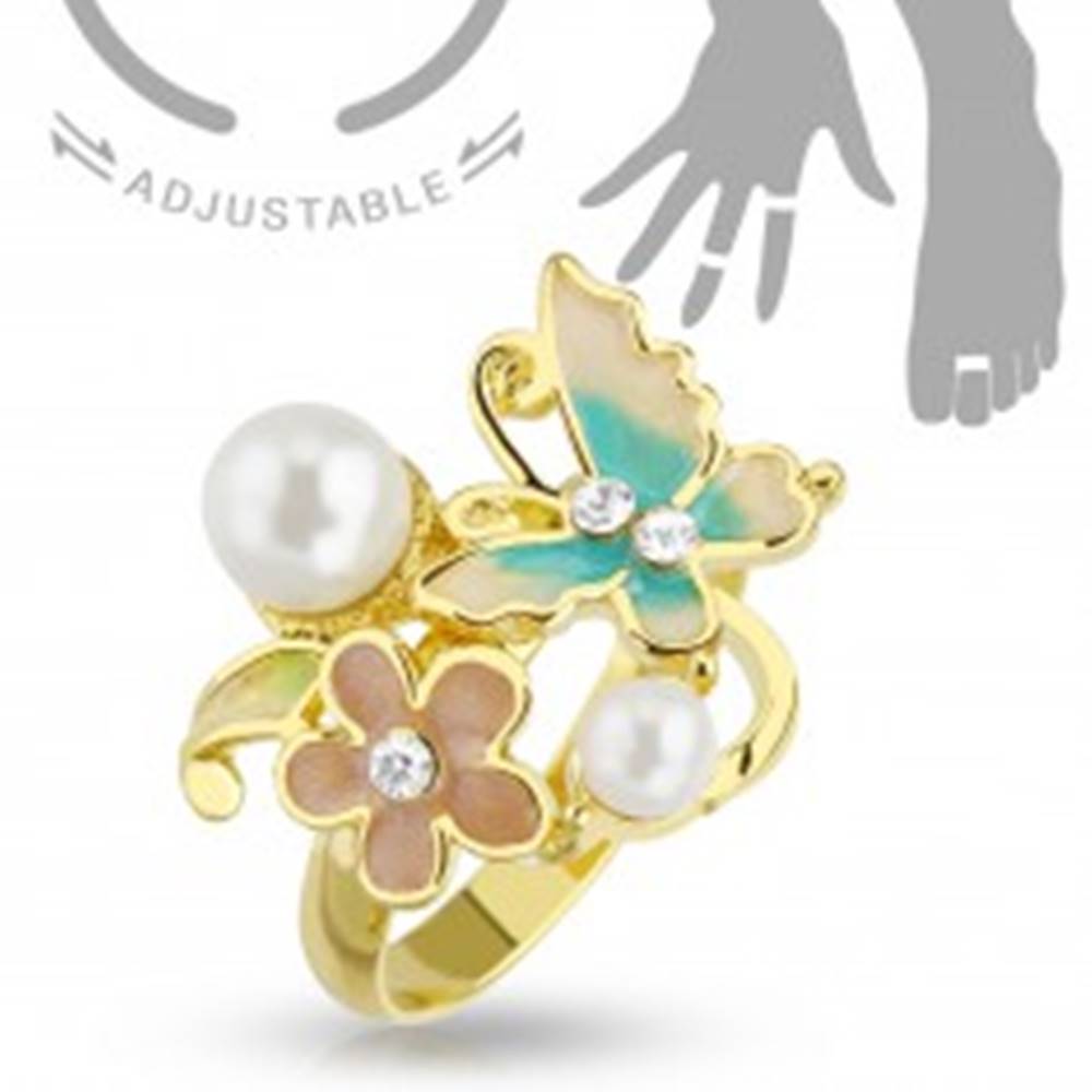 Šperky eshop Nastaviteľný prsteň na ruku alebo nohu zlatej farby, motýľ, kvet a perličky