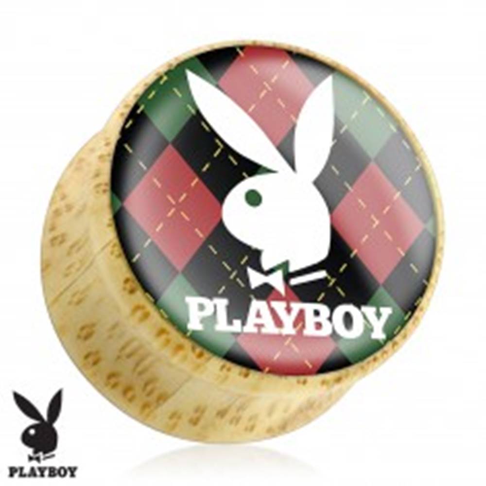 Šperky eshop Plug do ucha z bambusového dreva, zajačik Playboy na károvanom podklade - Hrúbka: 10 mm