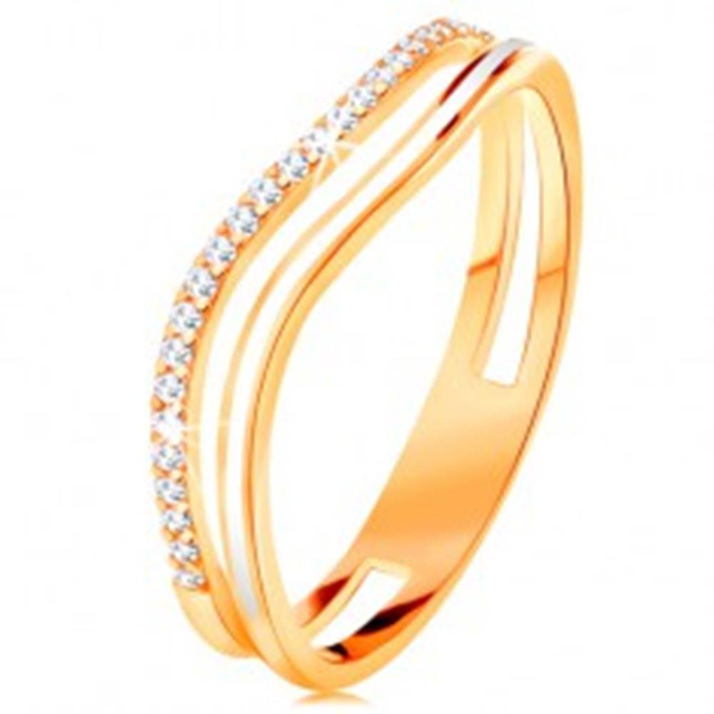 Šperky eshop Prsteň zo žltého 14K zlata, zvlnené ramená s výrezom v strede, glazúra a zirkóny - Veľkosť: 49 mm