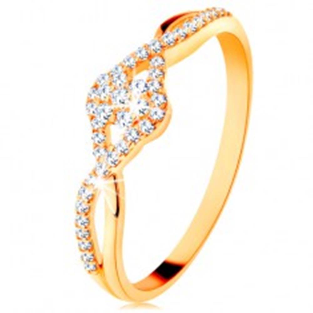 Šperky eshop Zlatý prsteň 585 - prepletené rozdvojené ramená, číry zirkónový kvietok - Veľkosť: 49 mm