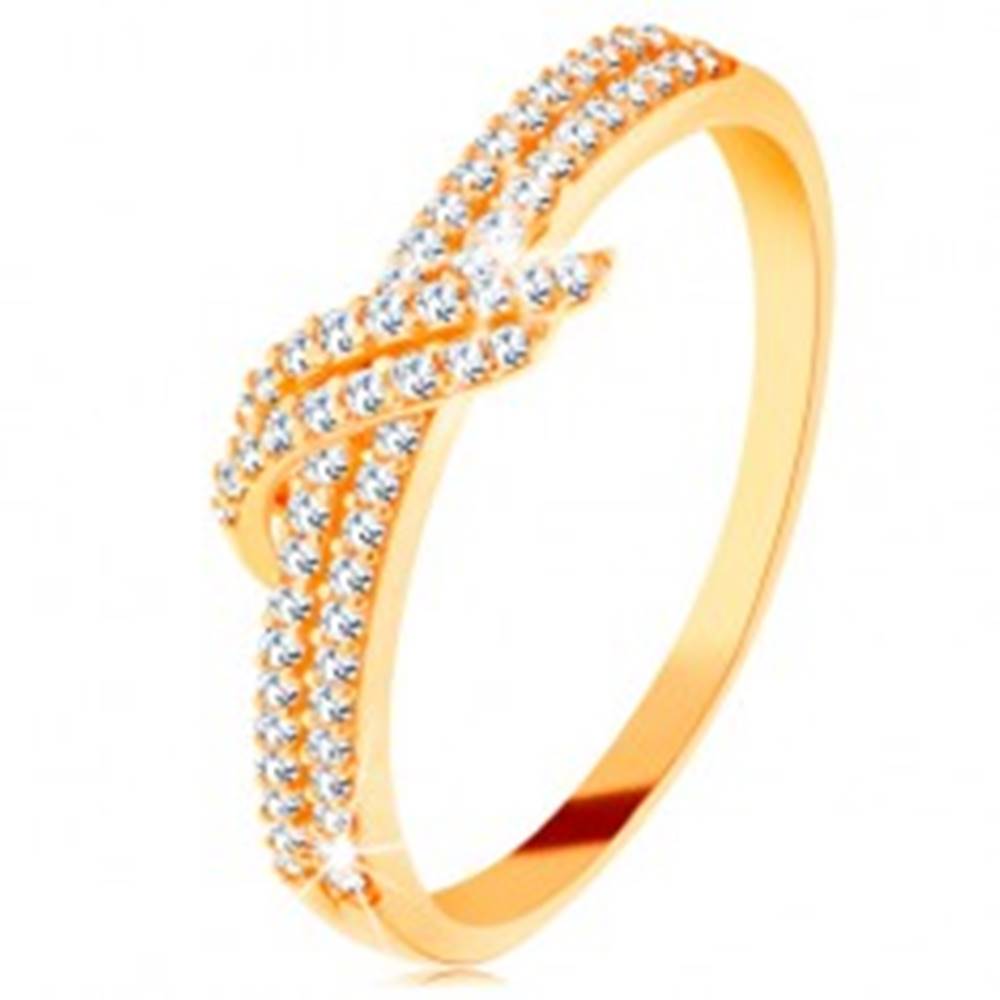 Šperky eshop Zlatý prsteň 585 - trblietavé línie čírych zirkónikov, dvojitá vlnka - Veľkosť: 49 mm
