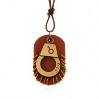 Kožený náhrdelník - nastaviteľný, putá s číslom, hnedá známka s kruhmi